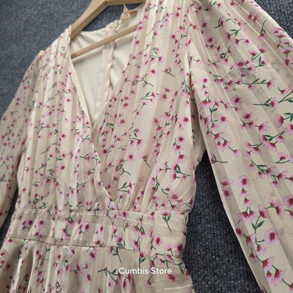 Floral Ruffle Tiered Mini Dress Womens Medium Cream Long Sleeve V Neck Wrap Boho - Picture 5 of 16